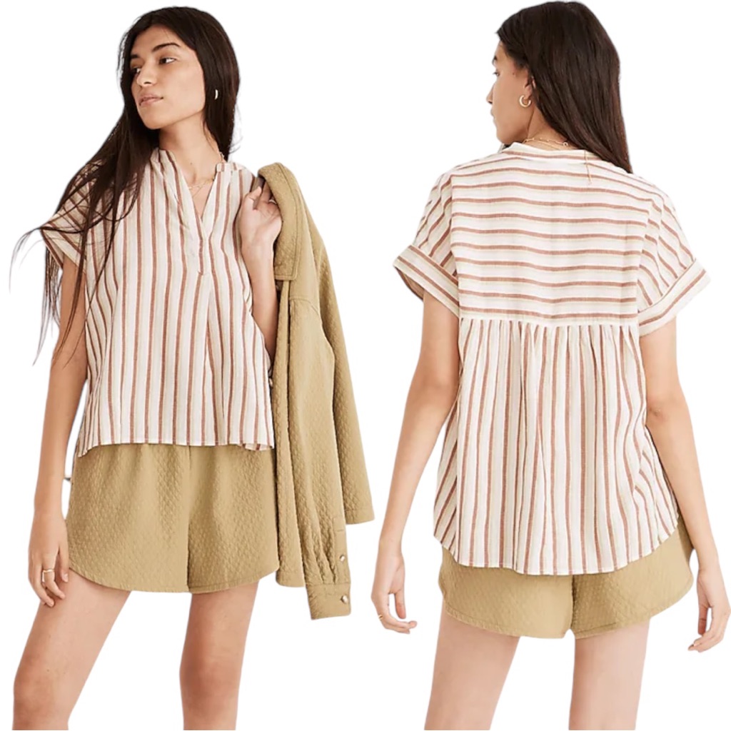Madewell Crinkle Cotton Lakeline Popover Shirt In Stripe Manila Size Small